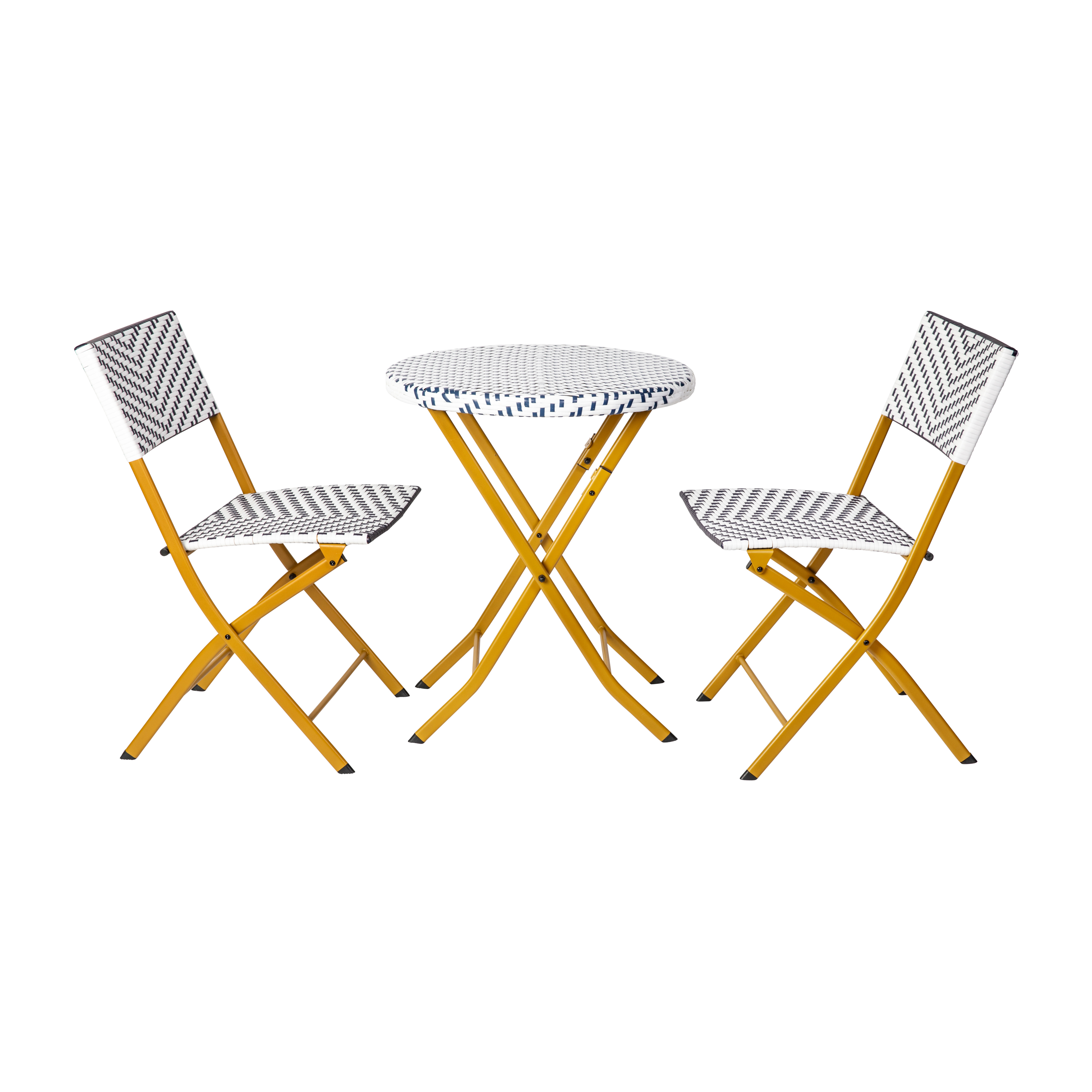 Flash Furniture FV-FWA085-NVY-WHT-GG 3 Piece Indoor/Outdoor Foldable French Bistro Set PE Rattan Back, Seat and Table Top, Navy/White
