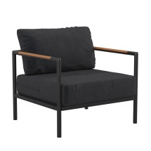 Flash Furniture GM-201027-1S-CH-GG Black Aluminum Frame Patio Chair with Teak Arm Accents and Charcoal Cushions