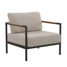 Flash Furniture GM-201027-1S-GY-GG Black Aluminum Frame Patio Chair with Teak Arm Accents and Beige Cushions