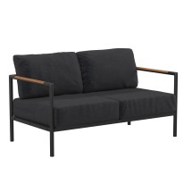 Flash Furniture GM-201027-2S-CH-GG Black Aluminum Frame Loveseat with Teak Arm Accents and Charcoal Cushions