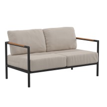 Flash Furniture GM-201027-2S-GY-GG Black Aluminum Frame Loveseat with Teak Arm Accents and Beige Cushions