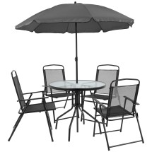 Flash Furniture GM-202012-BK-GG 6 Piece Black Patio Garden Set with Umbrella, Table and 4 Folding Chairs