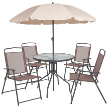 Flash Furniture GM-202012-BRN-GG 6 Piece Brown Patio Garden Set with Umbrella, Table and 4 Folding Chairs