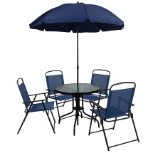 Flash Furniture GM-202012-NV-GG 6 Piece Navy Patio Garden Set with Umbrella, Table and 4 Folding Chairs