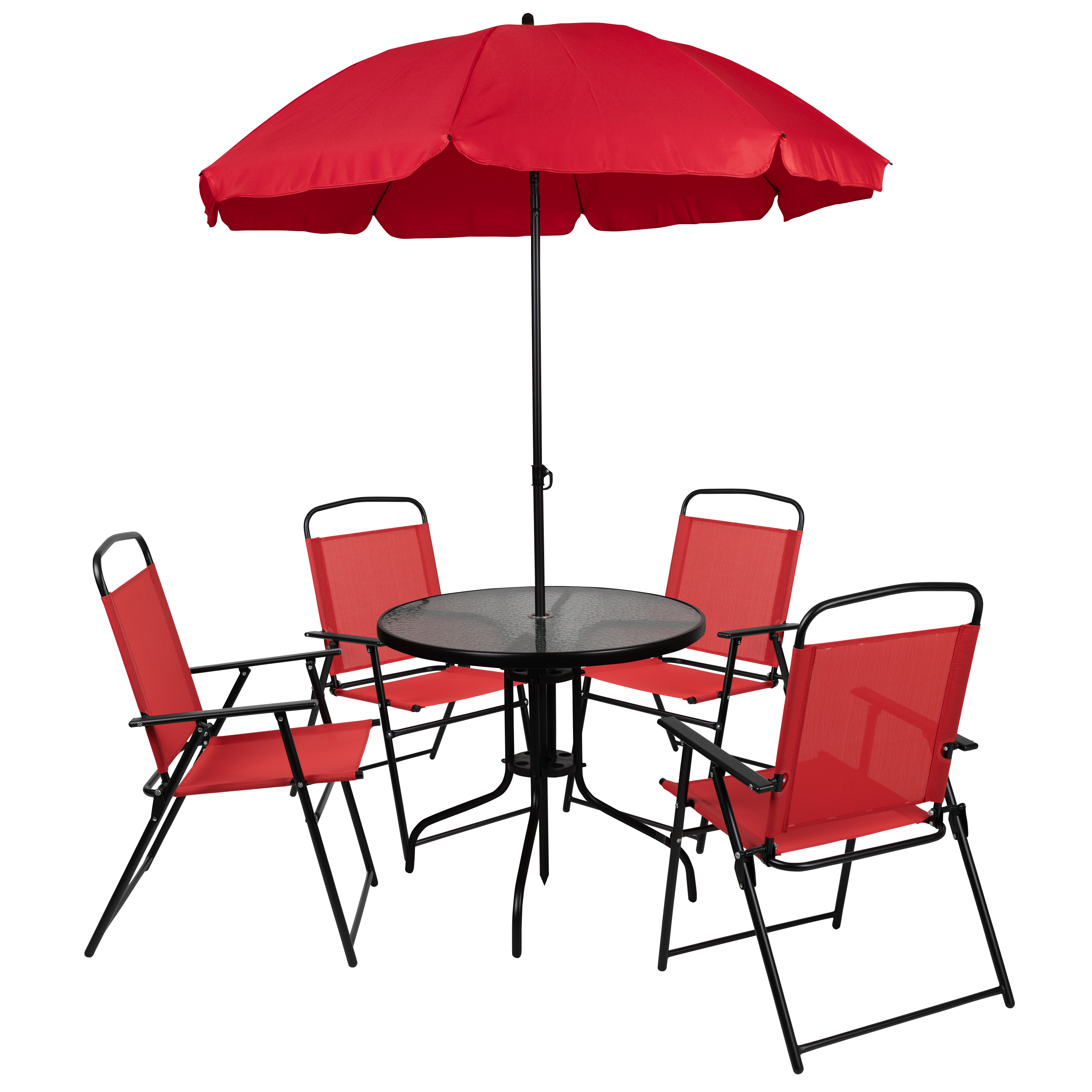 Flash Furniture GM-202012-RD-GG 6 Piece Red Patio Garden Set with Umbrella, Table and 4 Folding Chairs