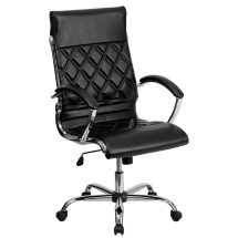 Flash Furniture GO-1297H-HIGH-BK-GG High Back Designer Quilted Black LeatherSoft Executive Swivel Office Chair, Chrome Base and Arms