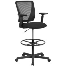 Flash Furniture GO-2100-A-GG Ergonomic Mid-Back Mesh Drafting Chair with Black Fabric Seat, Adjustable Foot Ring and Arms