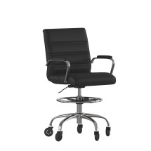 Flash Furniture GO-2286B-BK-RLB-GG Mid-Back Black LeatherSoft Drafting Chair with Adjustable Foot Ring, Chrome Base, and Transparent Roller Wheels