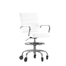 Flash Furniture GO-2286B-WH-RLB-GG Mid-Back White LeatherSoft Drafting Chair with Adjustable Foot Ring, Chrome Base, and Transparent Roller Wheels