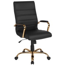 Flash Furniture GO-2286H-BK-GLD-GG High Back Black LeatherSoft Executive Swivel Office Chair with Gold Frame and Arms