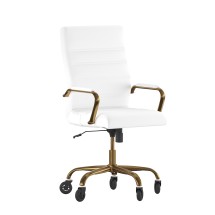 Flash Furniture GO-2286H-WH-GLD-RLB-GG High Back White LeatherSoft Executive Swivel Office Chair with Gold Frame, Arms, and Transparent Roller Wheels