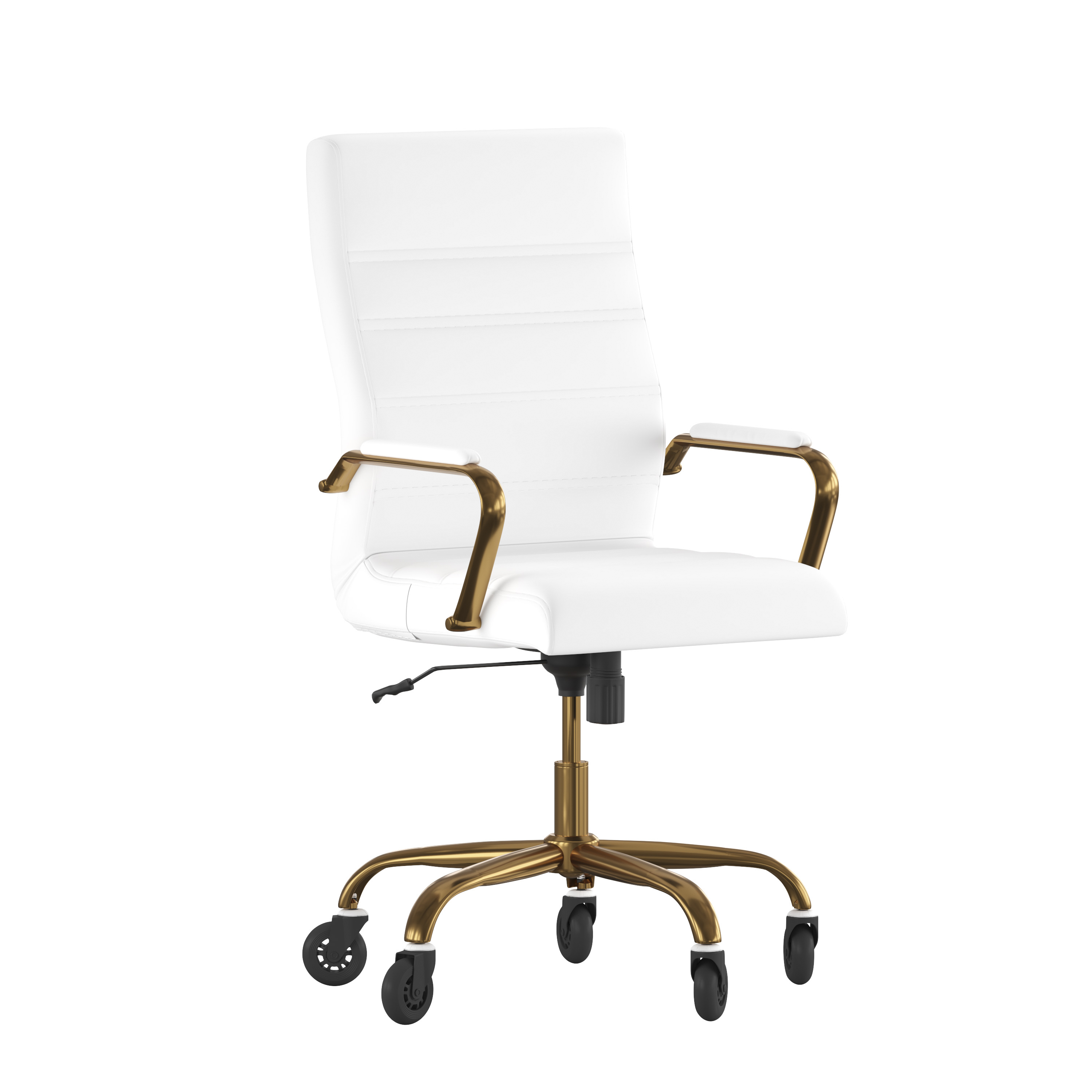 Flash Furniture GO-2286H-WH-GLD-RLB-GG High Back White LeatherSoft Executive Swivel Office Chair with Gold Frame, Arms, and Transparent Roller Wheels