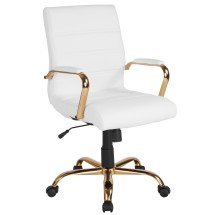 Flash Furniture GO-2286M-WH-GLD-GG Mid-Back White LeatherSoft Executive Swivel Office Chair with Gold Frame and Arms