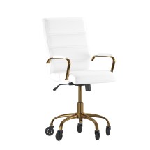 Flash Furniture GO-2286M-WH-GLD-RLB-GG Mid-Back White LeatherSoft Executive Swivel Office Chair with Gold Frame, Arms, and Transparent Roller Wheels