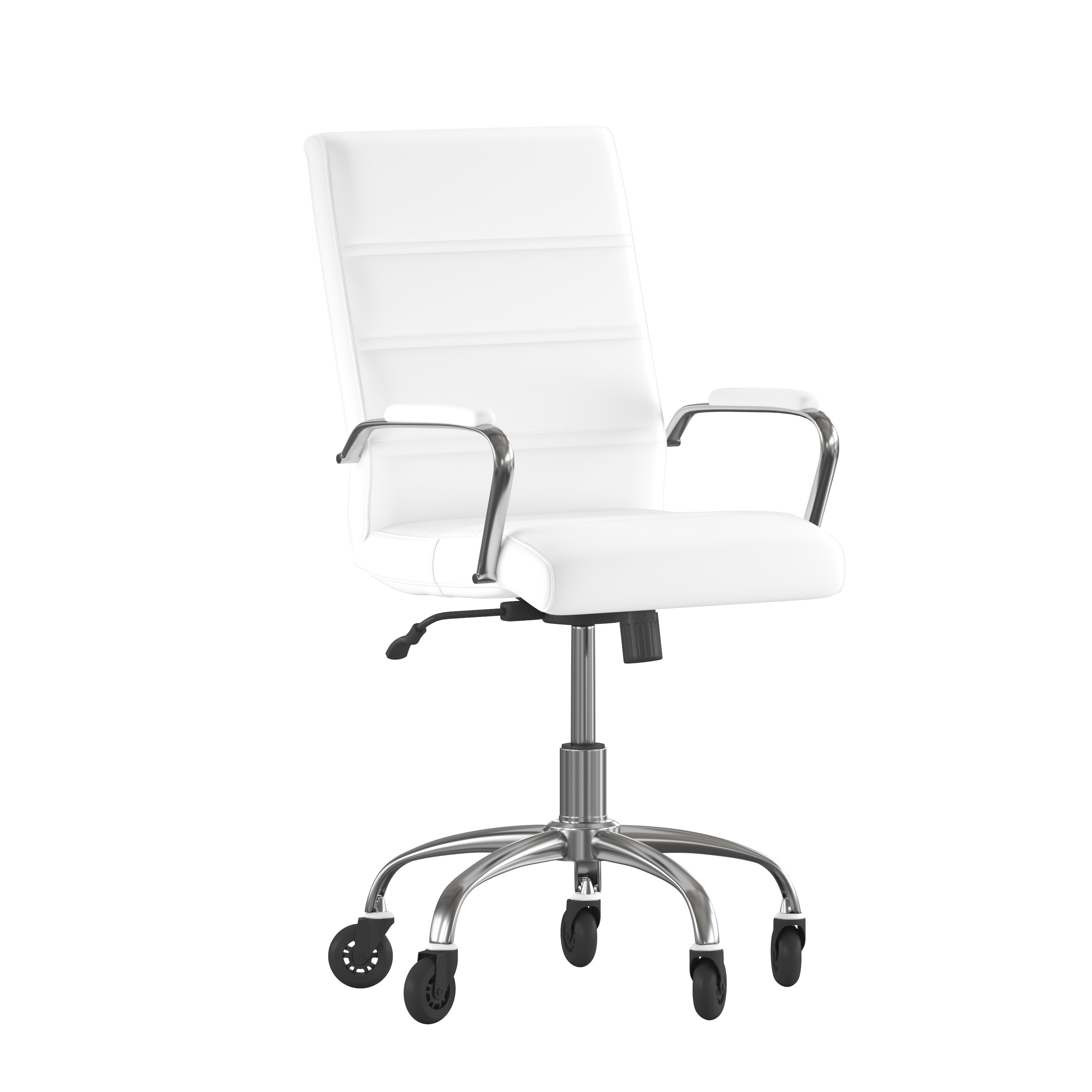 Flash Furniture GO-2286M-WH-RLB-GG Mid-Back White LeatherSoft Executive Swivel Office Chair with Chrome Frame, Arms, and Transparent Roller Wheels