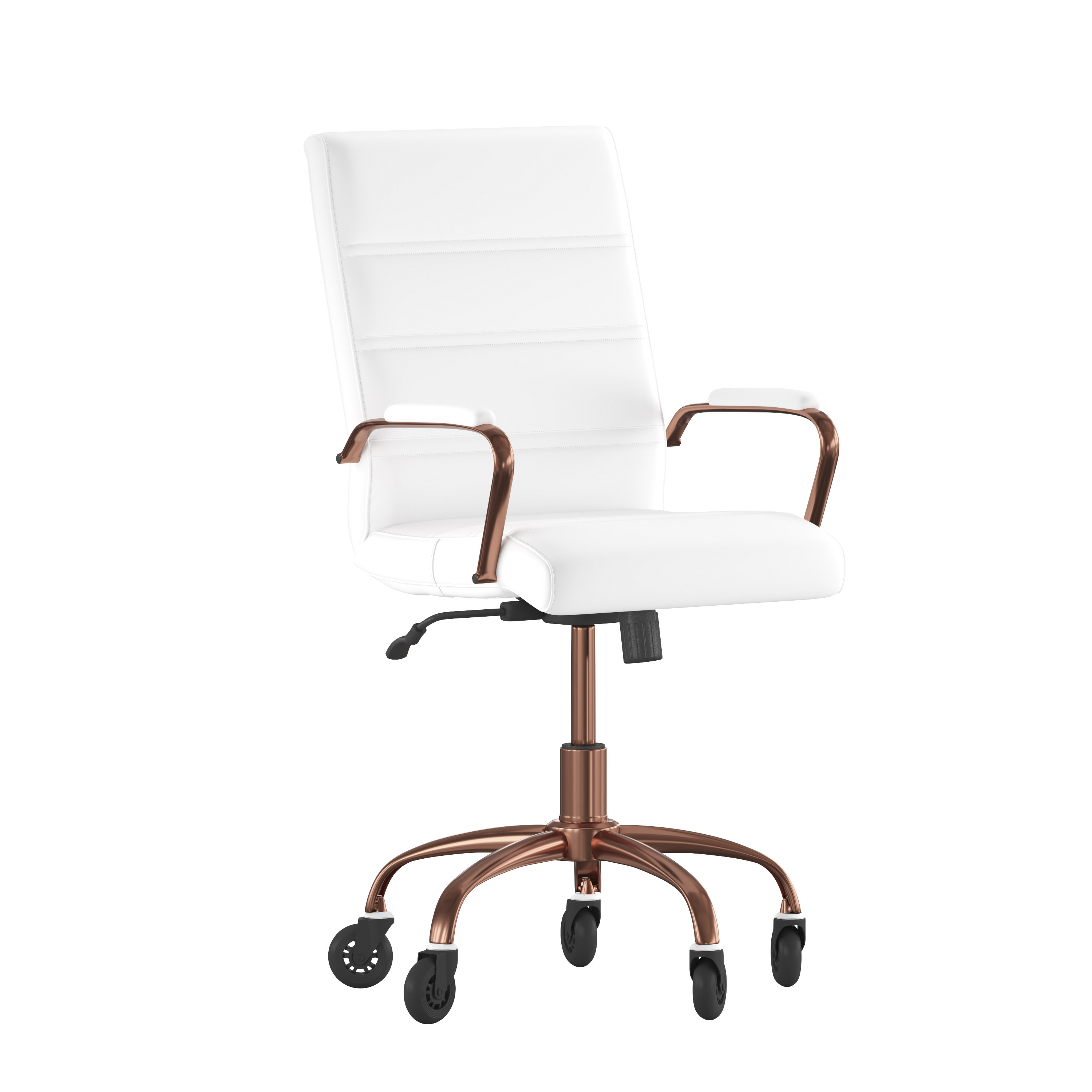 Flash Furniture GO-2286M-WH-RSGLD-RLB-GG Mid-Back White LeatherSoft Executive Swivel Office Chair with Rose Gold Frame, Arms, and Transparent Roller Wheels