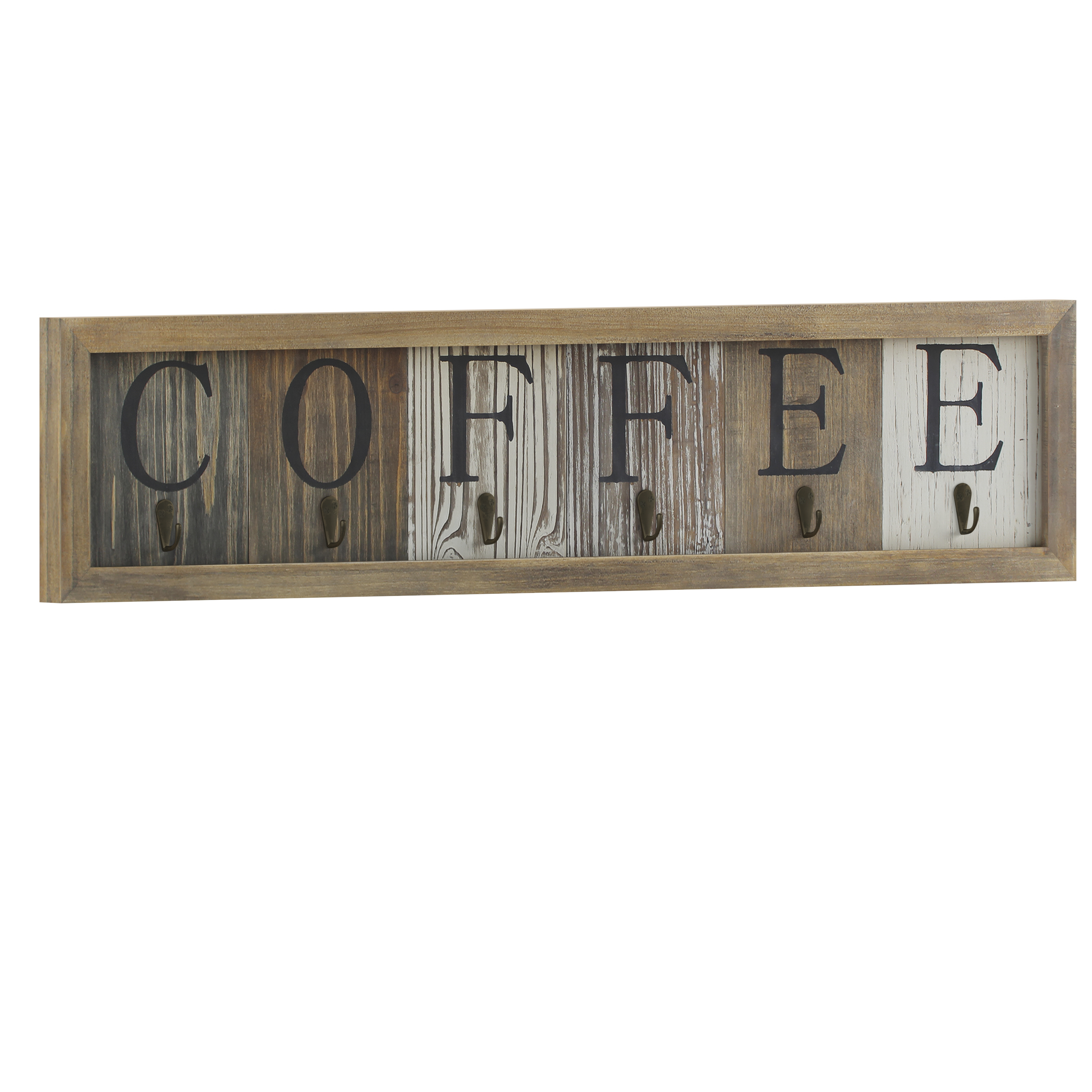 Flash Furniture HFKHD-GDI-CRE8-642315-GG Wood Wall Mount 6 Cup Distressed Wood Grain Printed COFFEE Mug Organizer with Hanging Hooks
