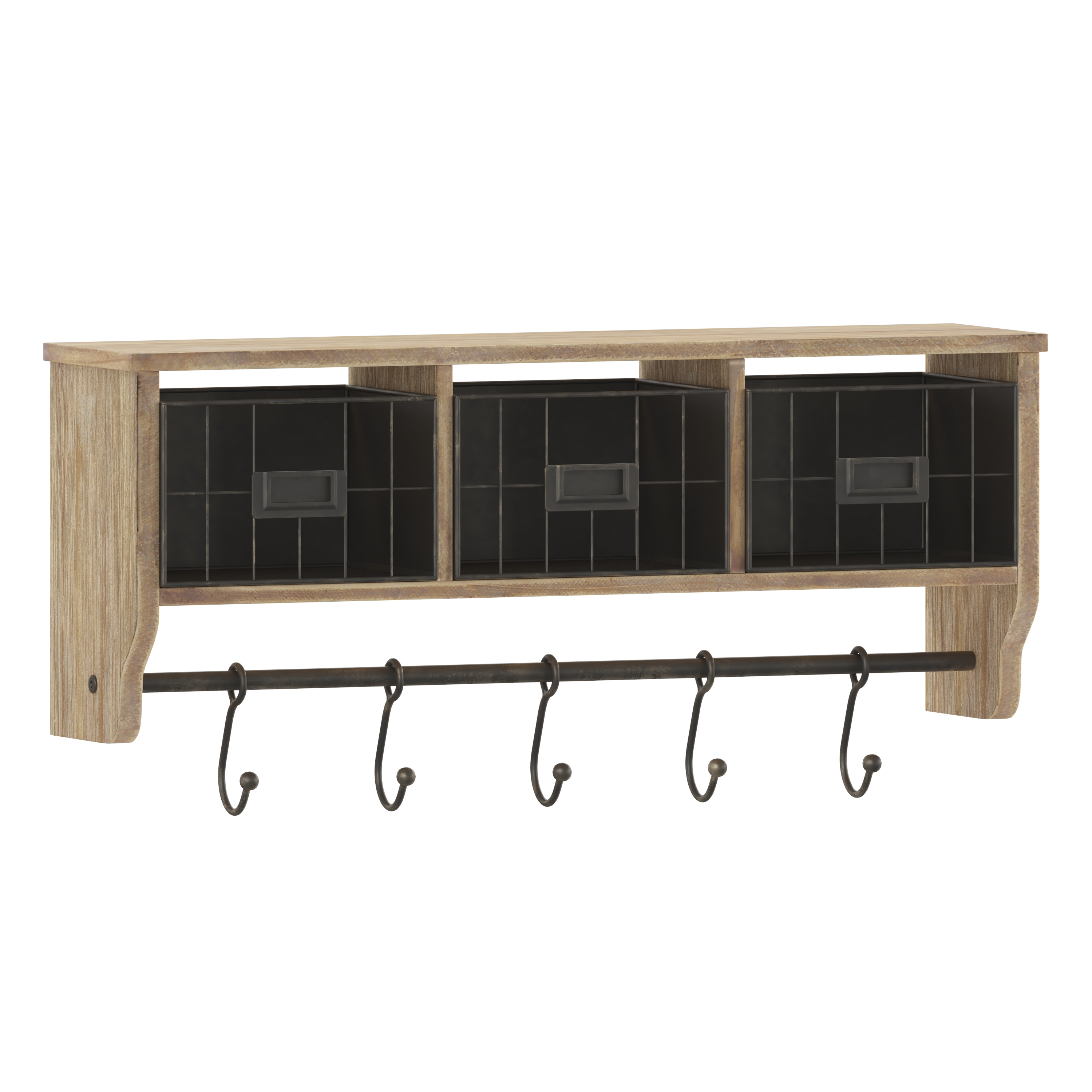 Flash Furniture HFMHD-GDI-CRE8-902315-GG 24" Wall Mounted Coat Rack with Upper Shelf, Wire Baskets, and Hooks, Rustic Brown