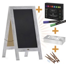 Flash Furniture HGWA-GD1I-CRE8-842315-GG Canterbury 40&quot; x 20&quot; Whitewashed Wooden Indoor/Outdoor A-Frame Magnetic Chalkboard Sign Set
