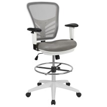 Flash Furniture HL-0001-1CWHITE-LTGY-GG Mid-Back Light Gray Mesh Ergonomic Drafting Chair with White Frame