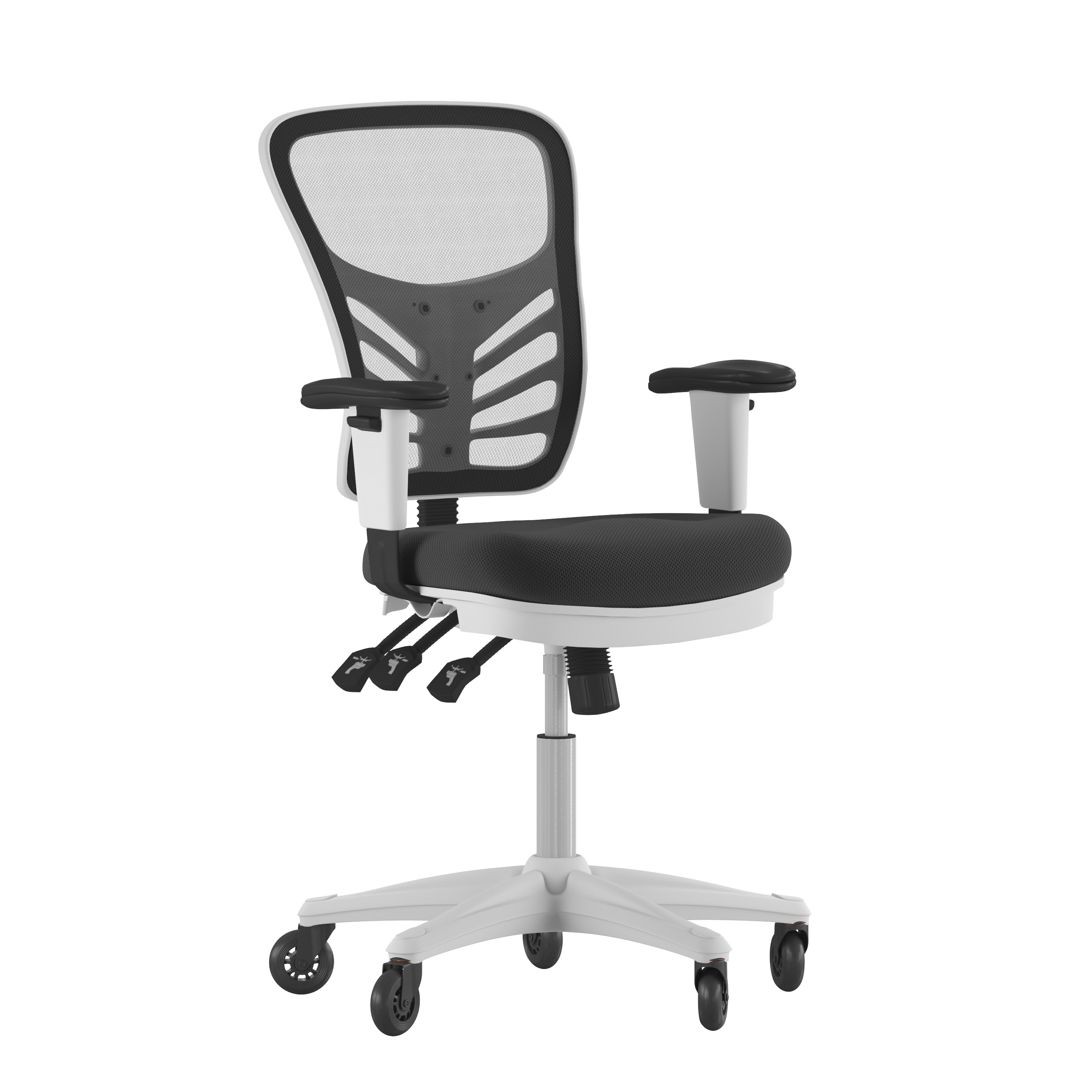 Flash Furniture HL-0001-WH-BK-RLB-GG Mid-Back Black Mesh Multifunction Executive Ergonomic Office Chair, Transparent Roller Wheels, and White Frame