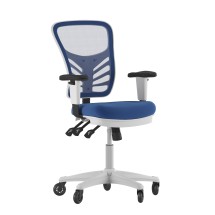 Flash Furniture HL-0001-WH-BLUE-RLB-GG Mid-Back Blue Mesh Multifunction Executive Ergonomic Office Chair, Transparent Roller Wheels, and White Frame