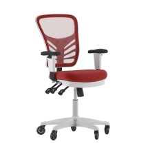 Flash Furniture HL-0001-WH-RED-RLB-GG Mid-Back Red Mesh Multifunction Executive Ergonomic Office Chair, Transparent Roller Wheels, and White Frame