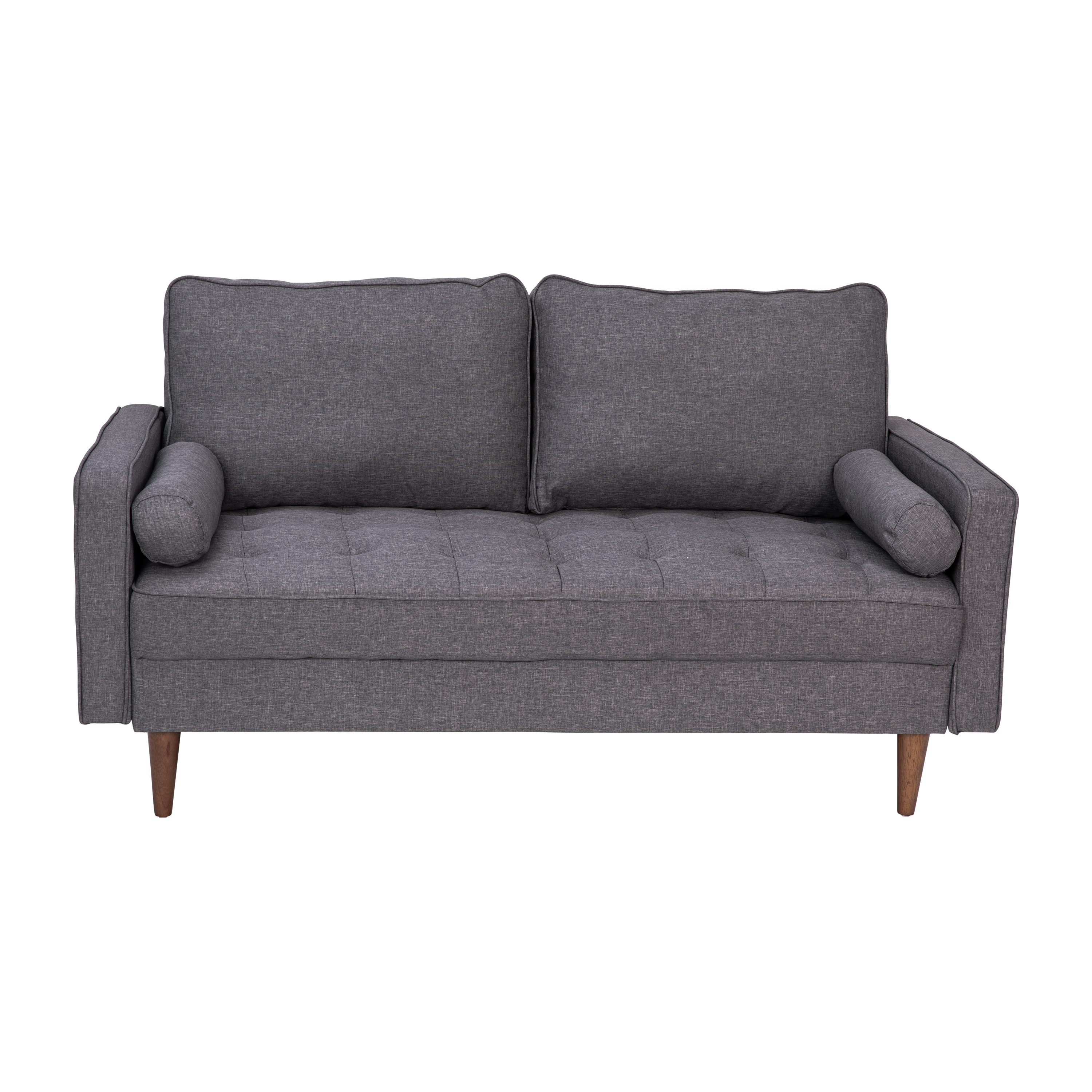 Flash Furniture IS-PL100-DKGY-GG Mid-Century Modern Dark Gray Tufted Faux Linen Loveseat Sofa with Wood Legs
