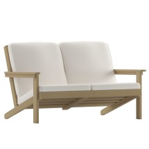 Flash Furniture JJ-C14022-BR-GG All-Weather Poly Resin Wood Adirondack Style Deep Seat Patio Loveseat with Cushions, Natural Cedar/Cream