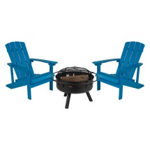 Flash Furniture JJ-C145012-32D-BLU-GG 3 Piece Blue Poly Resin Wood Adirondack Chair Set with Fire Pit
