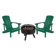 Flash Furniture JJ-C145012-32D-GRN-GG 3 Piece Green Poly Resin Wood Adirondack Chair Set with Fire Pit