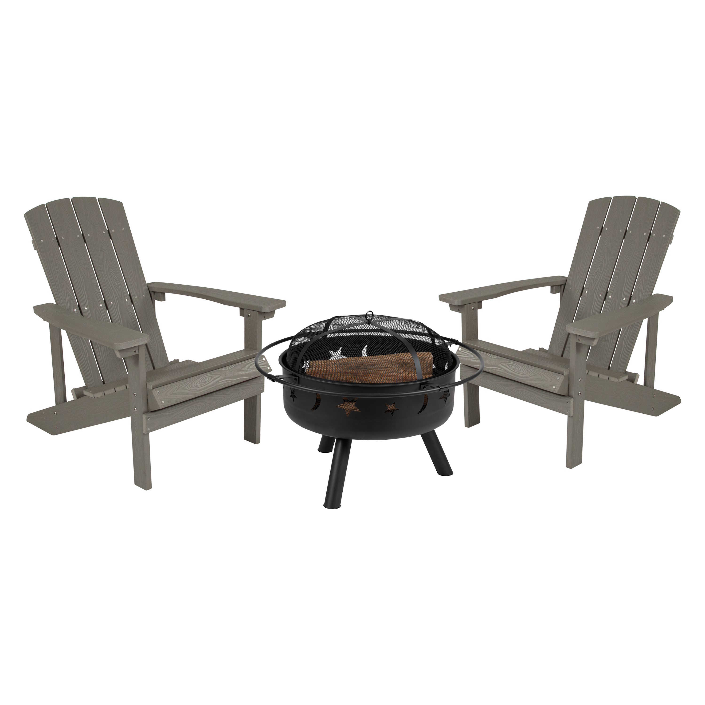Flash Furniture JJ-C145012-32D-LTG-GG 3 Piece Gray Poly Resin Wood Adirondack Chair Set with Fire Pit