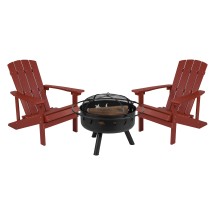 Flash Furniture JJ-C145012-32D-RED-GG 3 Piece Red Poly Resin Wood Adirondack Chair Set with Fire Pit
