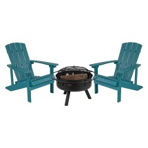 Flash Furniture JJ-C145012-32D-SFM-GG 3 Piece Sea Foam Poly Resin Wood Adirondack Chair Set with Fire Pit