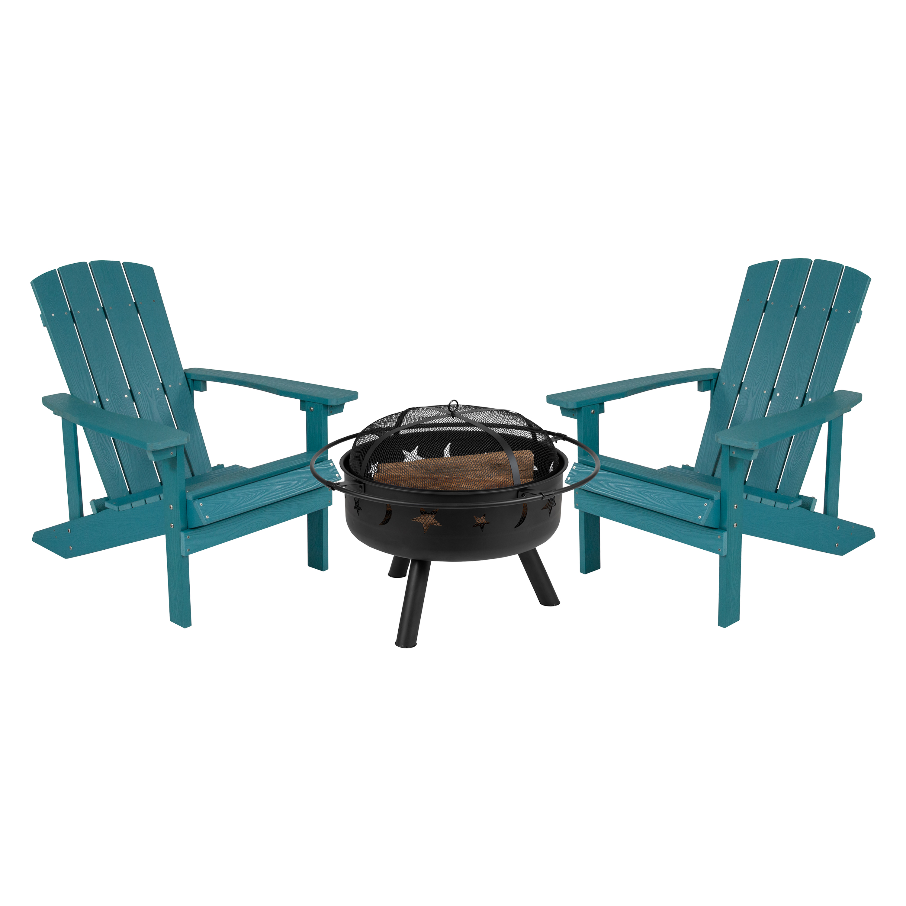 Flash Furniture JJ-C145012-32D-SFM-GG 3 Piece Sea Foam Poly Resin Wood Adirondack Chair Set with Fire Pit