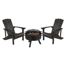 Flash Furniture JJ-C145012-32D-SLT-GG 3 Piece Slate Gray Poly Resin Wood Adirondack Chair Set with Fire Pit