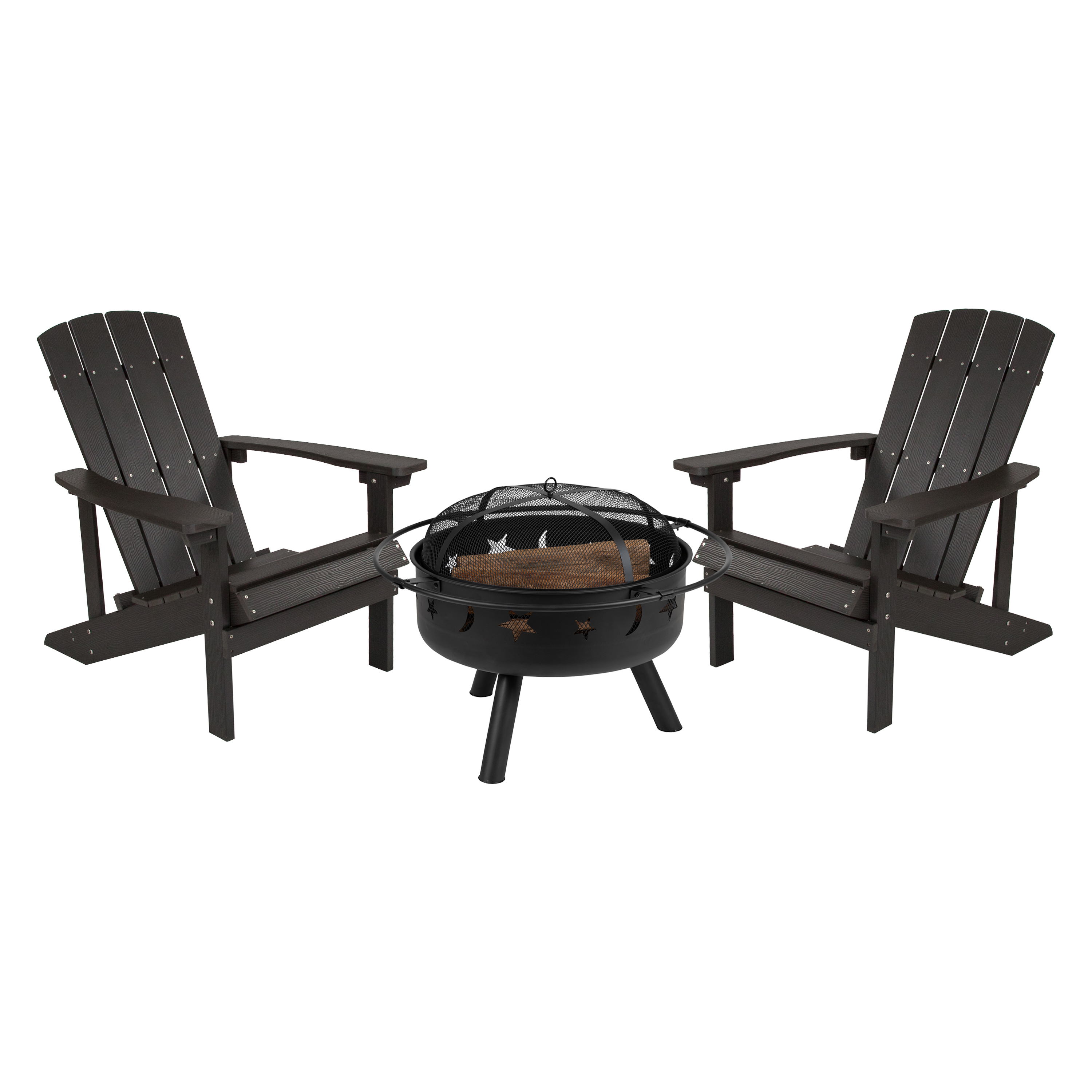 Flash Furniture JJ-C145012-32D-SLT-GG 3 Piece Slate Gray Poly Resin Wood Adirondack Chair Set with Fire Pit