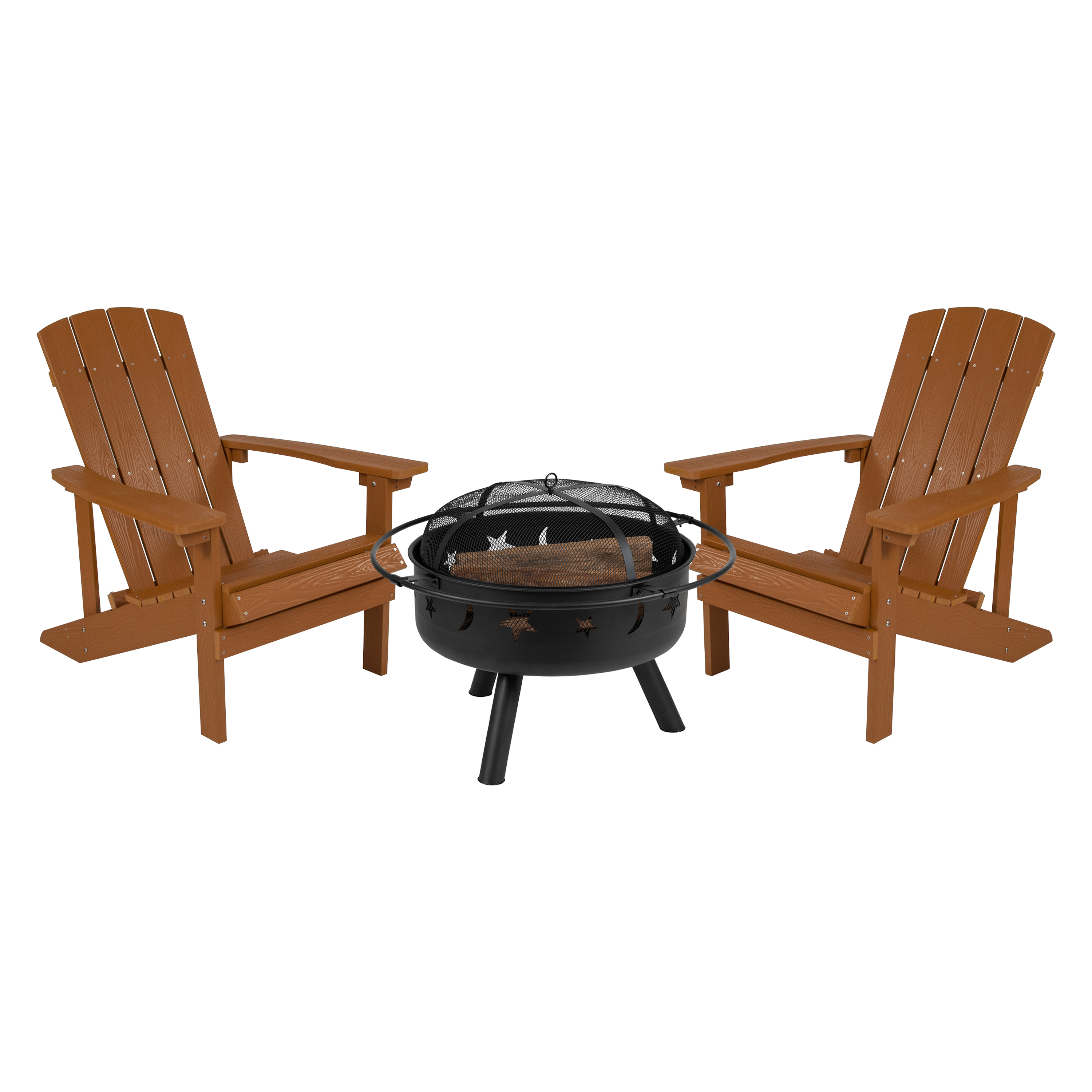 Flash Furniture JJ-C145012-32D-TEAK-GG 3 Piece Teak Poly Resin Wood Adirondack Chair Set with Fire Pit