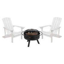 Flash Furniture JJ-C145012-32D-WH-GG 3 Piece White Poly Resin Wood Adirondack Chair Set with Fire Pit