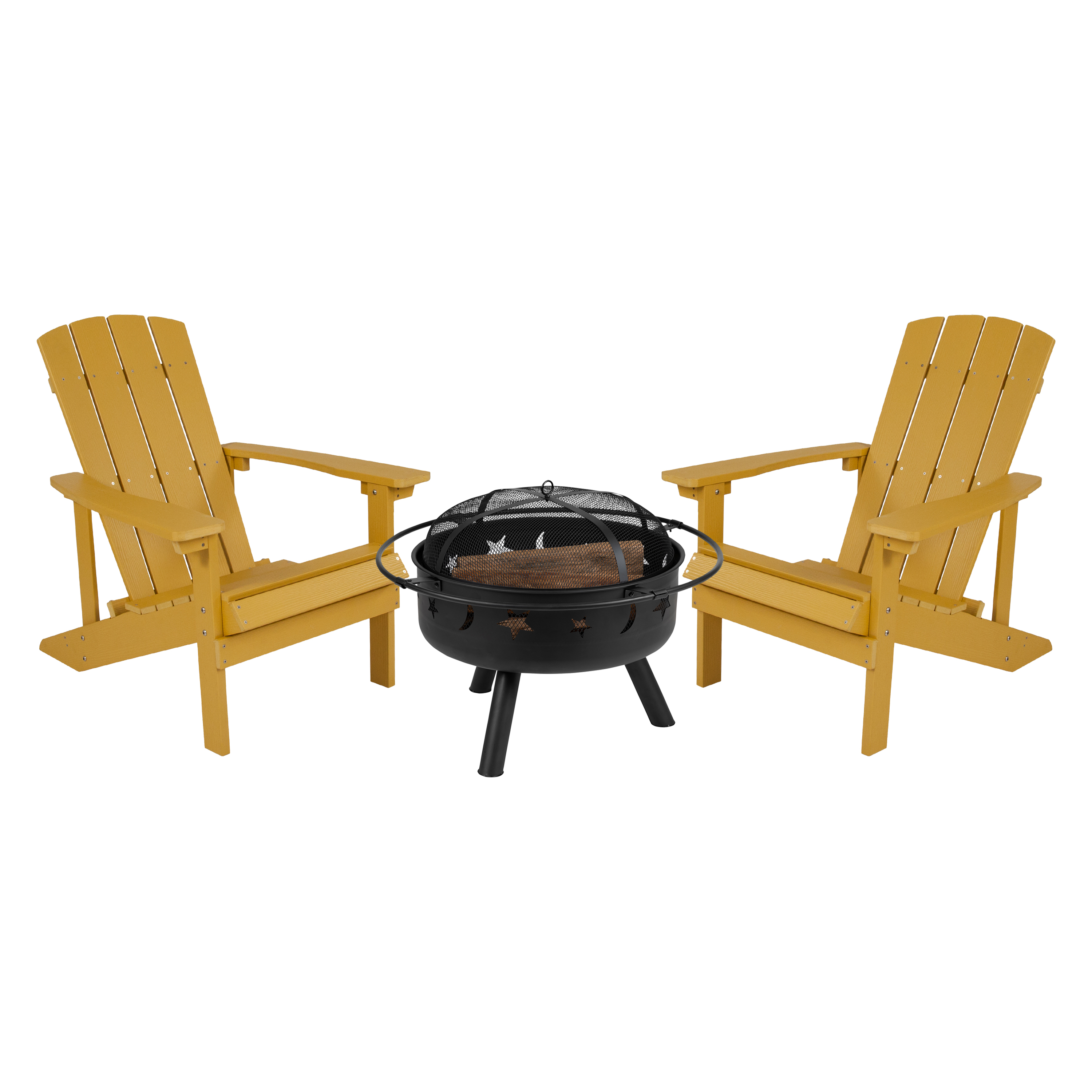 Flash Furniture JJ-C145012-32D-YLW-GG 3 Piece Yellow Poly Resin Wood Adirondack Chair Set with Fire Pit
