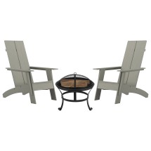 Flash Furniture JJ-C145092-202-GY-GG Gray Modern All-Weather 2-Slat Poly Resin Adirondack Chair with 22&quot; Round Wood Burning Fire Pit, Set of 2