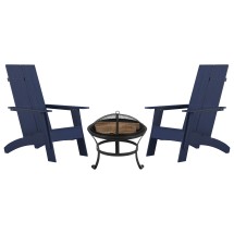 Flash Furniture JJ-C145092-202-NV-GG Navy Modern All-Weather 2-Slat Poly Resin Adirondack Chair with 22&quot; Round Wood Burning Fire Pit, Set of 2