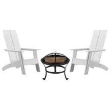 Flash Furniture JJ-C145092-202-WH-GG White Modern All-Weather 2-Slat Poly Resin Adirondack Chair with 22&quot; Round Wood Burning Fire Pit, Set of 2