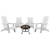Flash Furniture JJ-C145094-202-WH-GG White Modern All-Weather 2-Slat Poly Resin Adirondack Chair with 22&quot; Round Wood Burning Fire Pit, Set of 4 