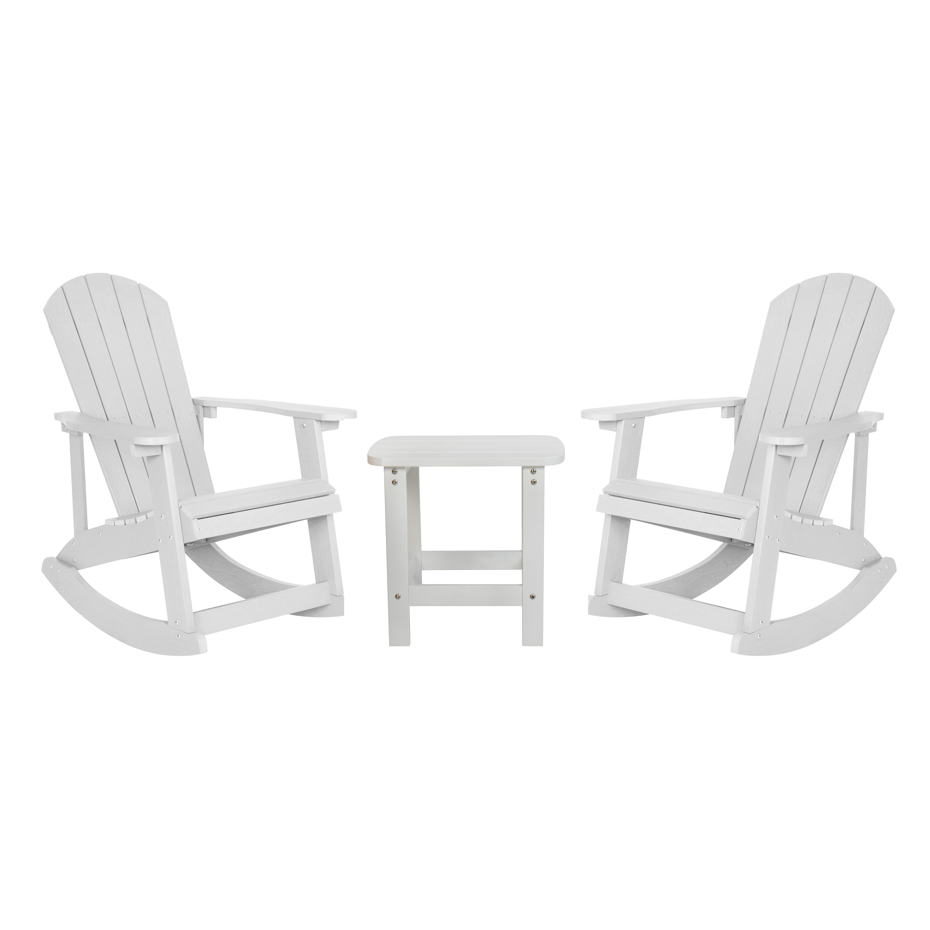 Flash Furniture JJ-C14705-2-T14001-WH-GG White All-Weather Poly Resin Wood Adirondack Rocking Chair with Side Table