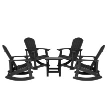 Flash Furniture JJ-C14705-4-T14001-BK-GG Black All-Weather Poly Resin Wood Adirondack Rocking Chair with Side Table