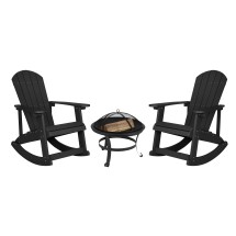Flash Furniture JJ-C147052-202-BK-GG Black All-Weather Poly Resin Wood Adirondack Rocking Chair with 22&quot; Round Wood Burning Fire Pit