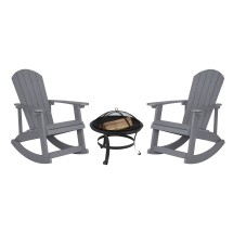 Flash Furniture JJ-C147052-202-GY-GG Gray All-Weather Poly Resin Wood Adirondack Rocking Chair with 22&quot; Round Wood Burning Fire Pit
