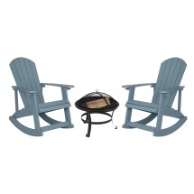 Flash Furniture JJ-C147052-202-SFM-GG Sea Foam All-Weather Poly Resin Wood Adirondack Rocking Chair with 22&quot; Round Wood Burning Fire Pit
