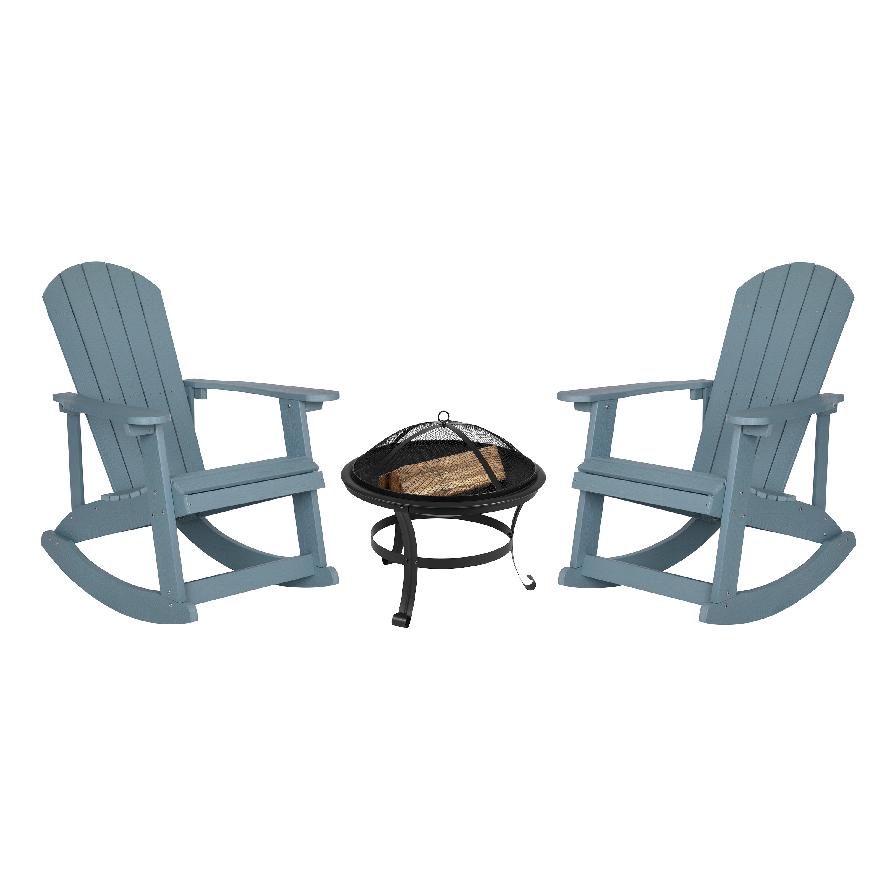 Flash Furniture JJ-C147052-202-SFM-GG Sea Foam All-Weather Poly Resin Wood Adirondack Rocking Chair with 22" Round Wood Burning Fire Pit